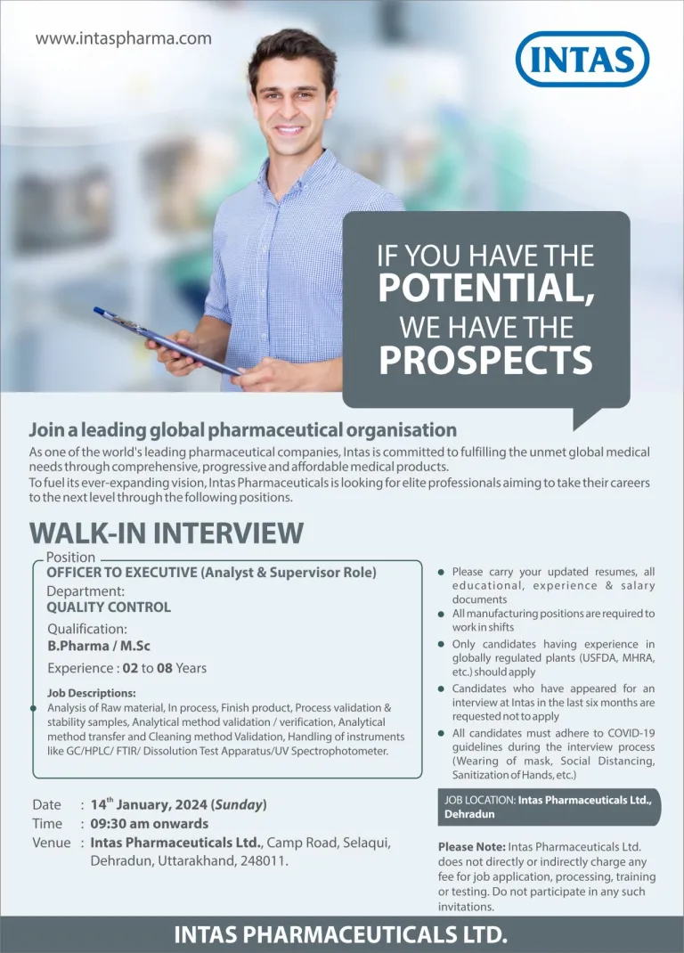 Intas Pharmaceuticals - Walk-In Interviews for Quality Control on 14th Jan 2024